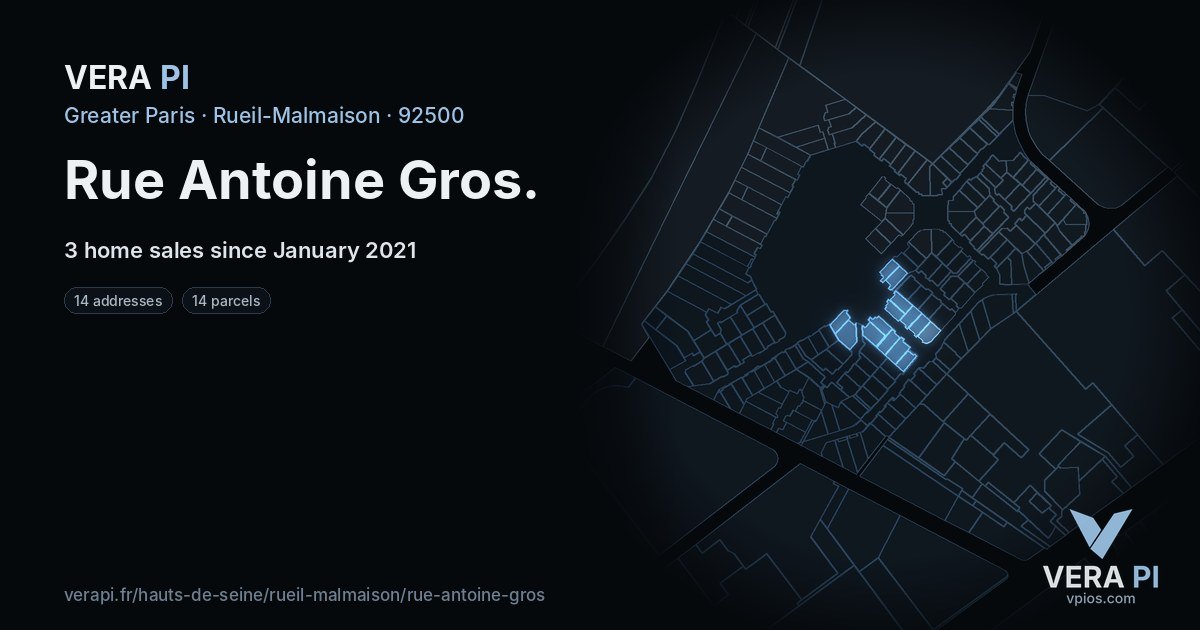 Rue Antoine Gros, Rueil-Malmaison at night – every parcel coloured by the prices around it, the street's own parcels lit