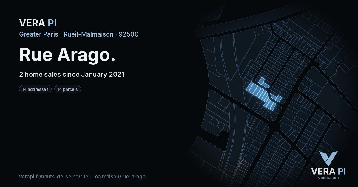 Rue Arago, Rueil-Malmaison at night – every parcel coloured by the prices around it, the street's own parcels lit