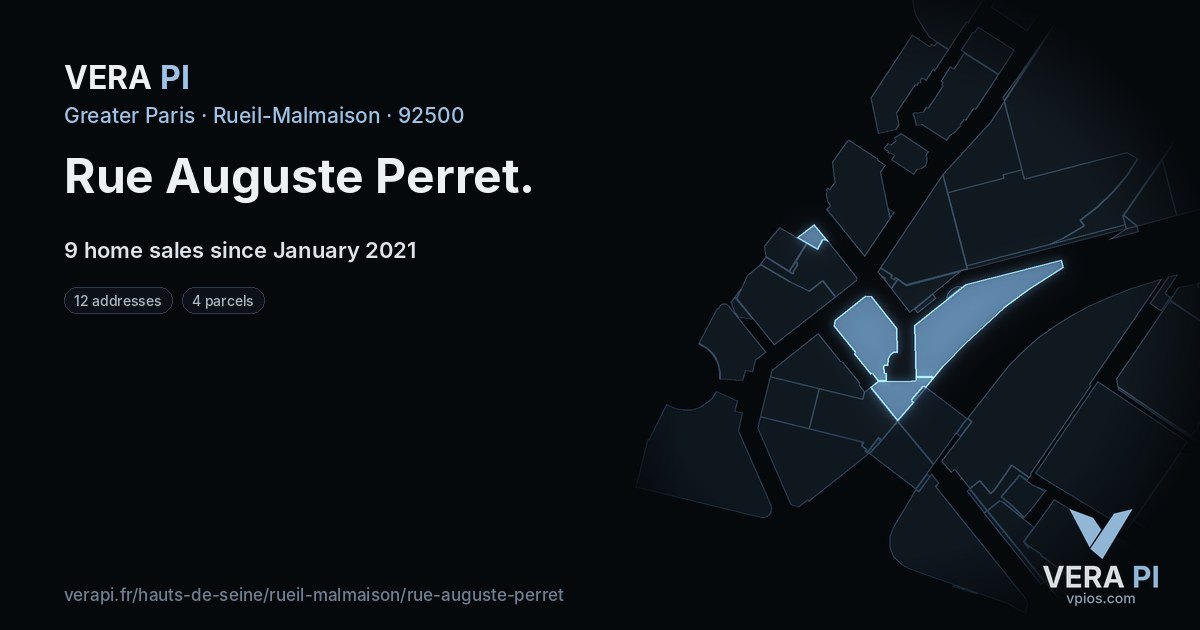 Rue Auguste Perret, Rueil-Malmaison at night – every parcel coloured by the prices around it, the street's own parcels lit