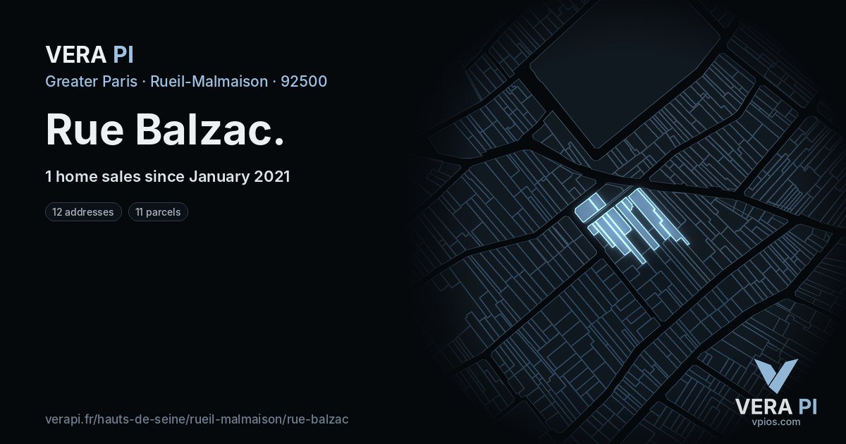 Rue Balzac, Rueil-Malmaison at night – every parcel coloured by the prices around it, the street's own parcels lit