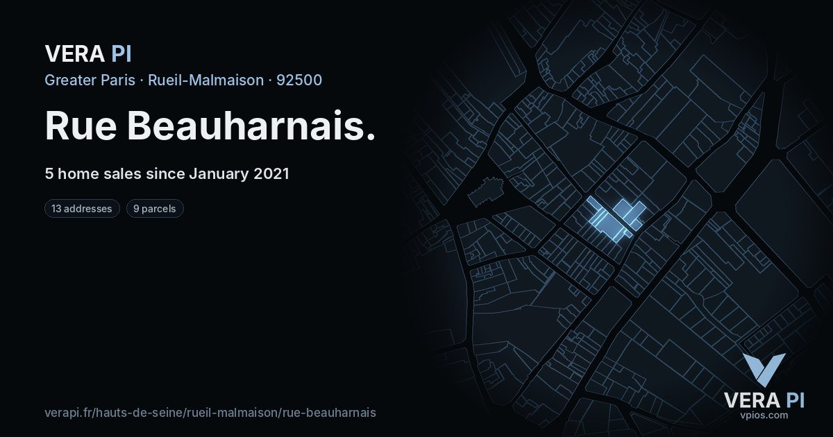 Rue Beauharnais, Rueil-Malmaison at night – every parcel coloured by the prices around it, the street's own parcels lit