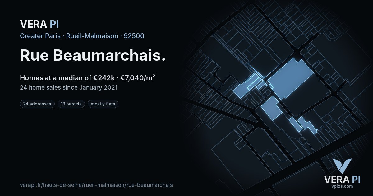 Rue Beaumarchais, Rueil-Malmaison at night – every parcel coloured by the prices around it, the street's own parcels lit