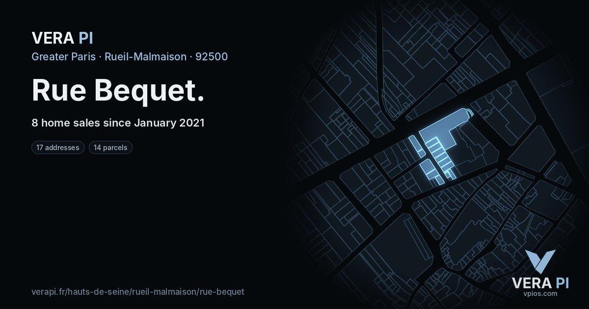 Rue Bequet, Rueil-Malmaison at night – every parcel coloured by the prices around it, the street's own parcels lit