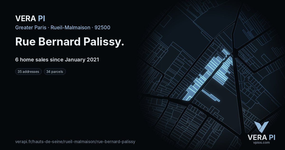 Rue Bernard Palissy, Rueil-Malmaison at night – every parcel coloured by the prices around it, the street's own parcels lit