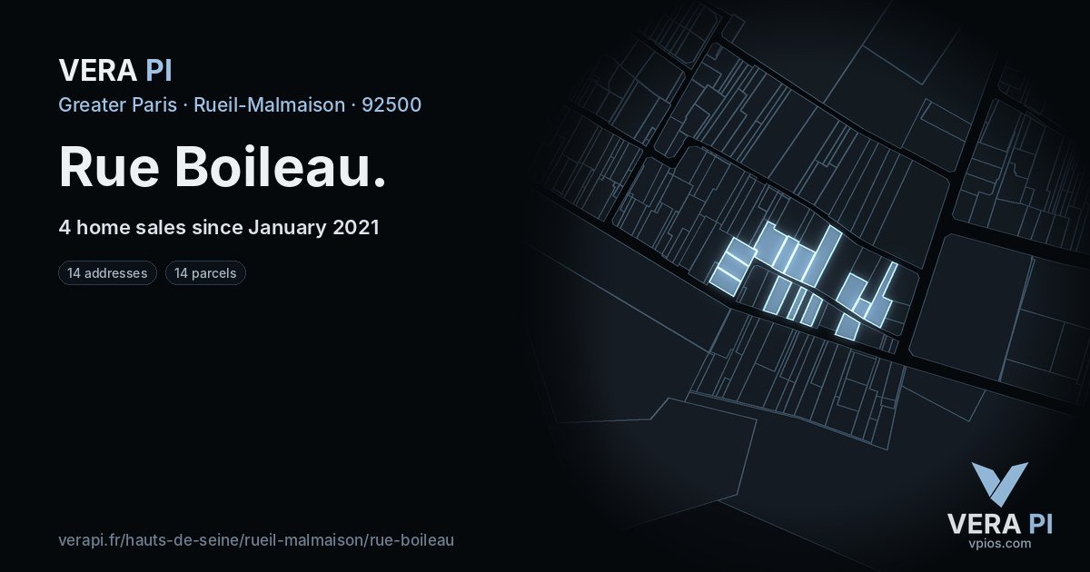 Rue Boileau, Rueil-Malmaison at night – every parcel coloured by the prices around it, the street's own parcels lit