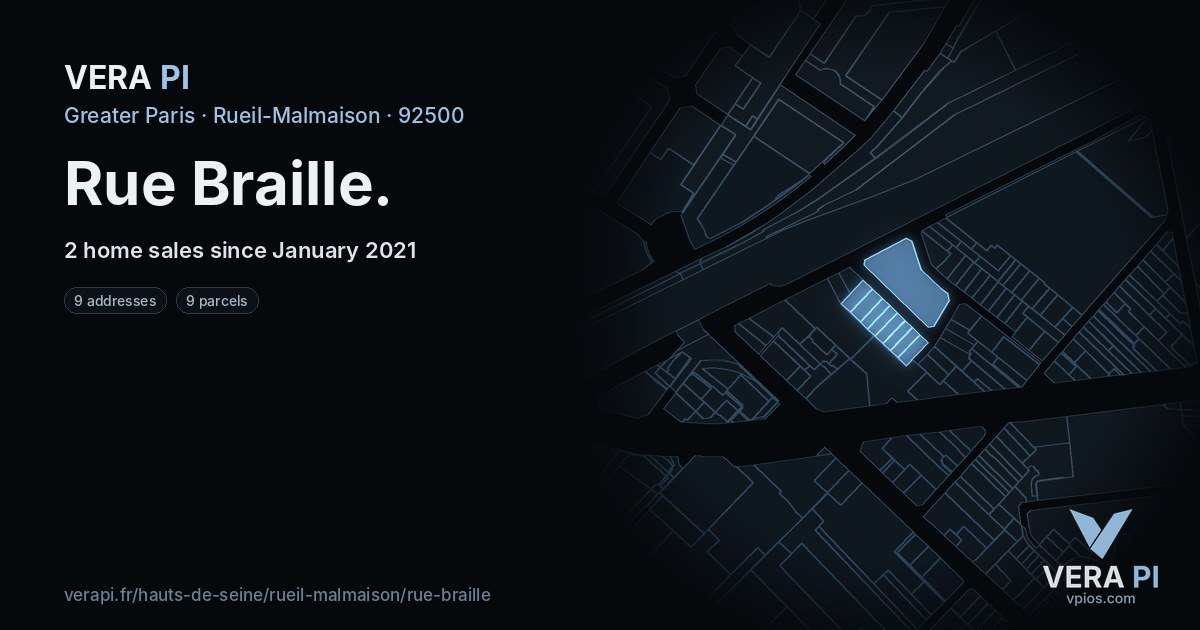 Rue Braille, Rueil-Malmaison at night – every parcel coloured by the prices around it, the street's own parcels lit