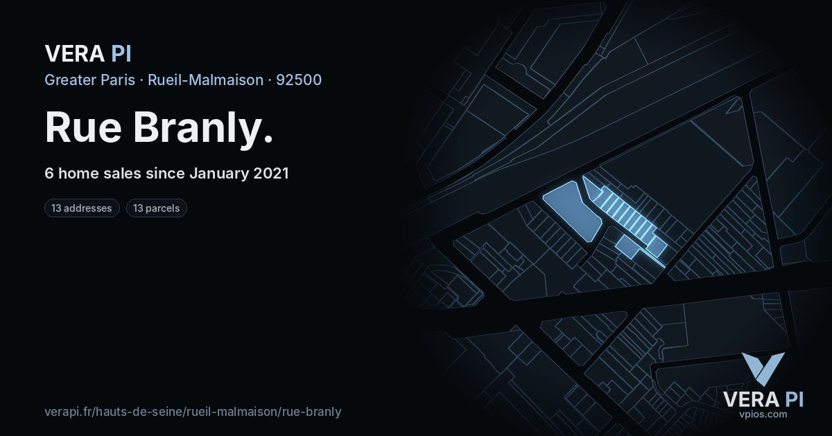 Rue Branly, Rueil-Malmaison at night – every parcel coloured by the prices around it, the street's own parcels lit