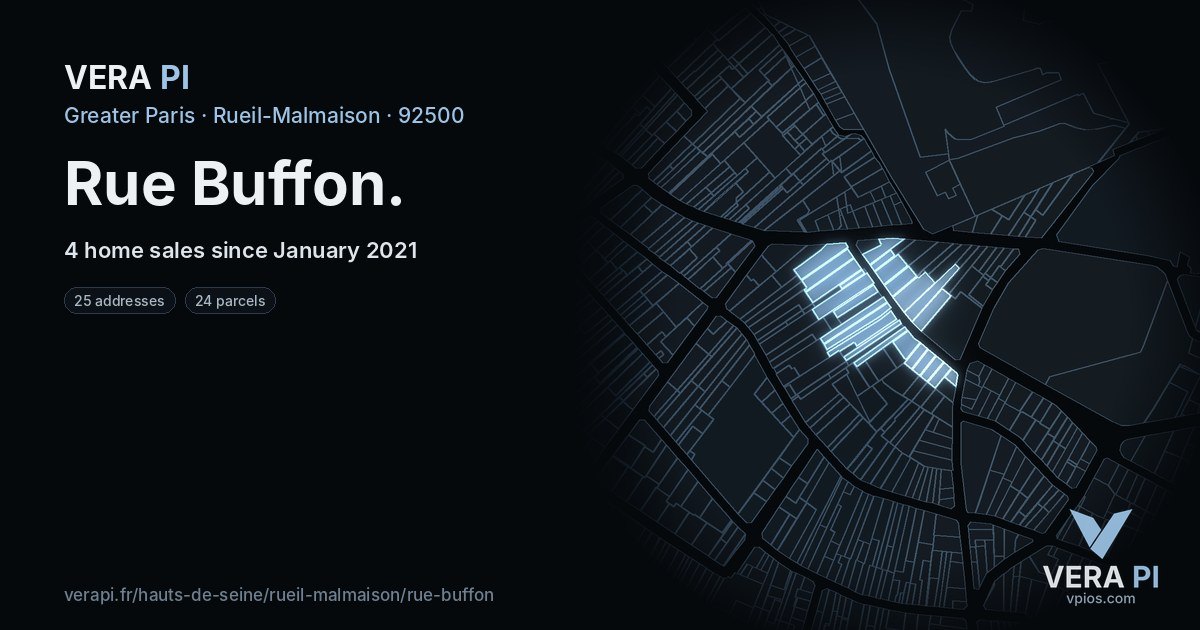 Rue Buffon, Rueil-Malmaison at night – every parcel coloured by the prices around it, the street's own parcels lit
