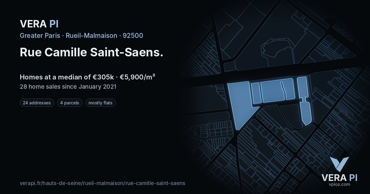 Rue Camille Saint-Saens, Rueil-Malmaison at night – every parcel coloured by the prices around it, the street's own parcels lit