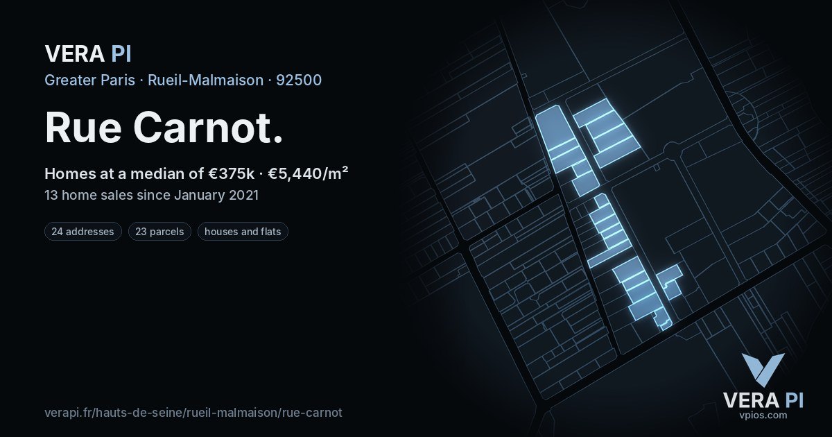 Rue Carnot, Rueil-Malmaison at night – every parcel coloured by the prices around it, the street's own parcels lit