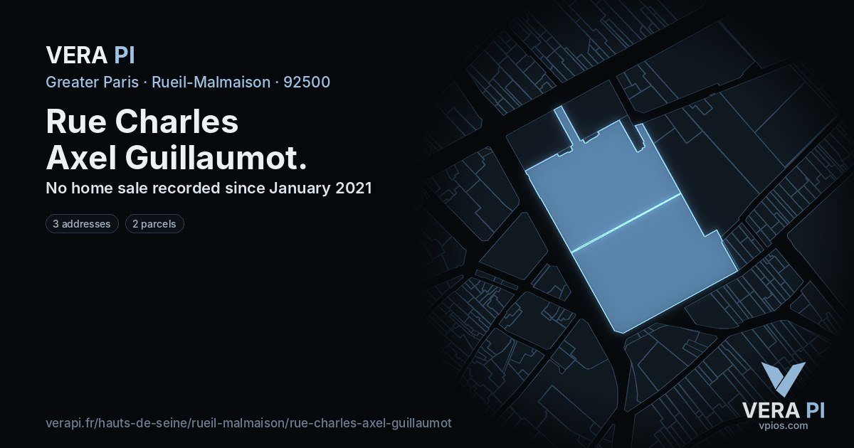 Rue Charles Axel Guillaumot, Rueil-Malmaison at night – every parcel coloured by the prices around it, the street's own parcels lit