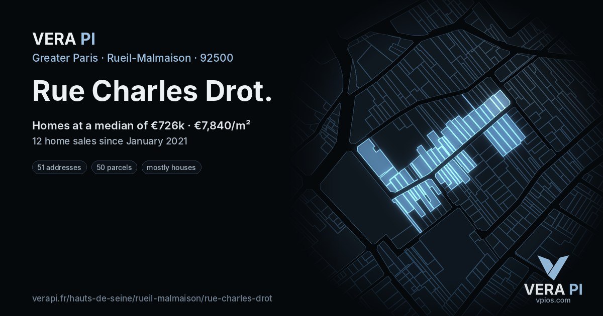 Rue Charles Drot, Rueil-Malmaison at night – every parcel coloured by the prices around it, the street's own parcels lit