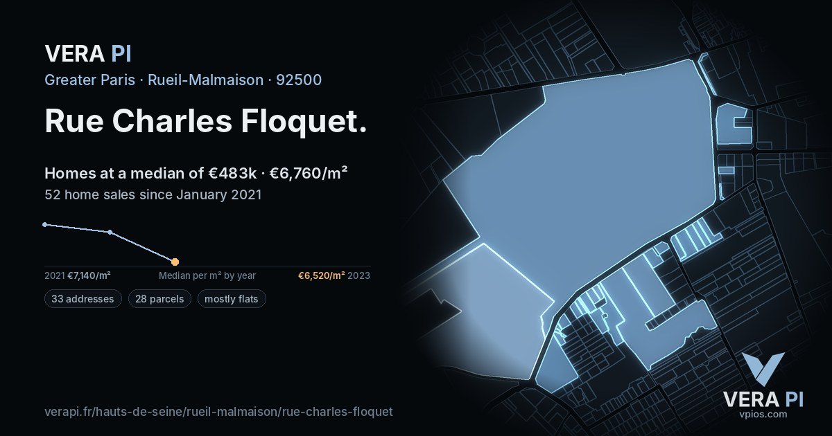 Rue Charles Floquet, Rueil-Malmaison at night – every parcel coloured by the prices around it, the street's own parcels lit