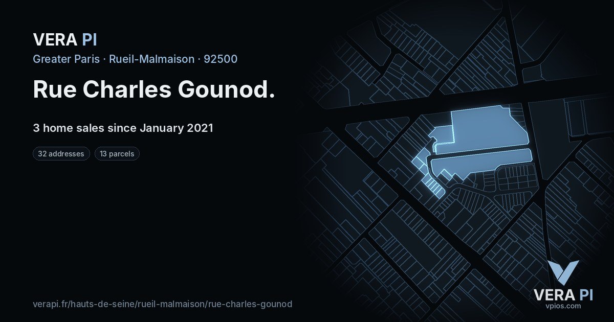 Rue Charles Gounod, Rueil-Malmaison at night – every parcel coloured by the prices around it, the street's own parcels lit