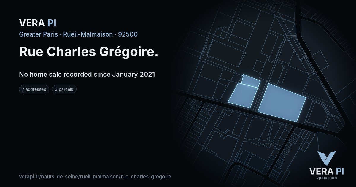 Rue Charles Grégoire, Rueil-Malmaison at night – every parcel coloured by the prices around it, the street's own parcels lit