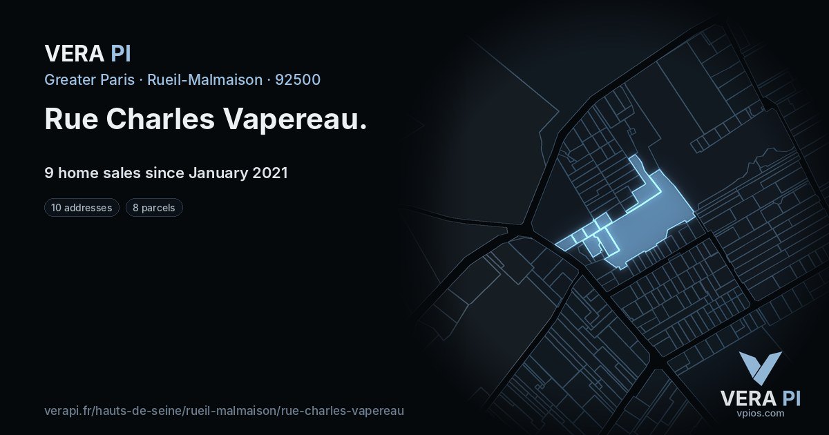 Rue Charles Vapereau, Rueil-Malmaison at night – every parcel coloured by the prices around it, the street's own parcels lit