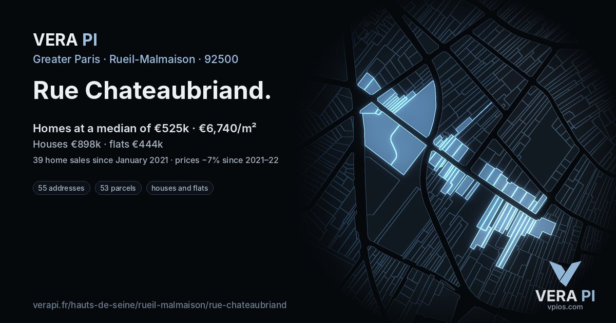 Rue Chateaubriand, Rueil-Malmaison at night – every parcel coloured by the prices around it, the street's own parcels lit