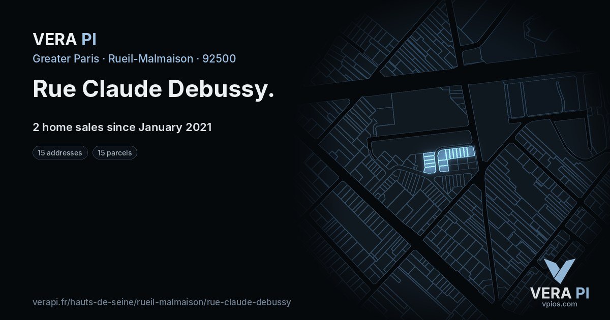 Rue Claude Debussy, Rueil-Malmaison at night – every parcel coloured by the prices around it, the street's own parcels lit