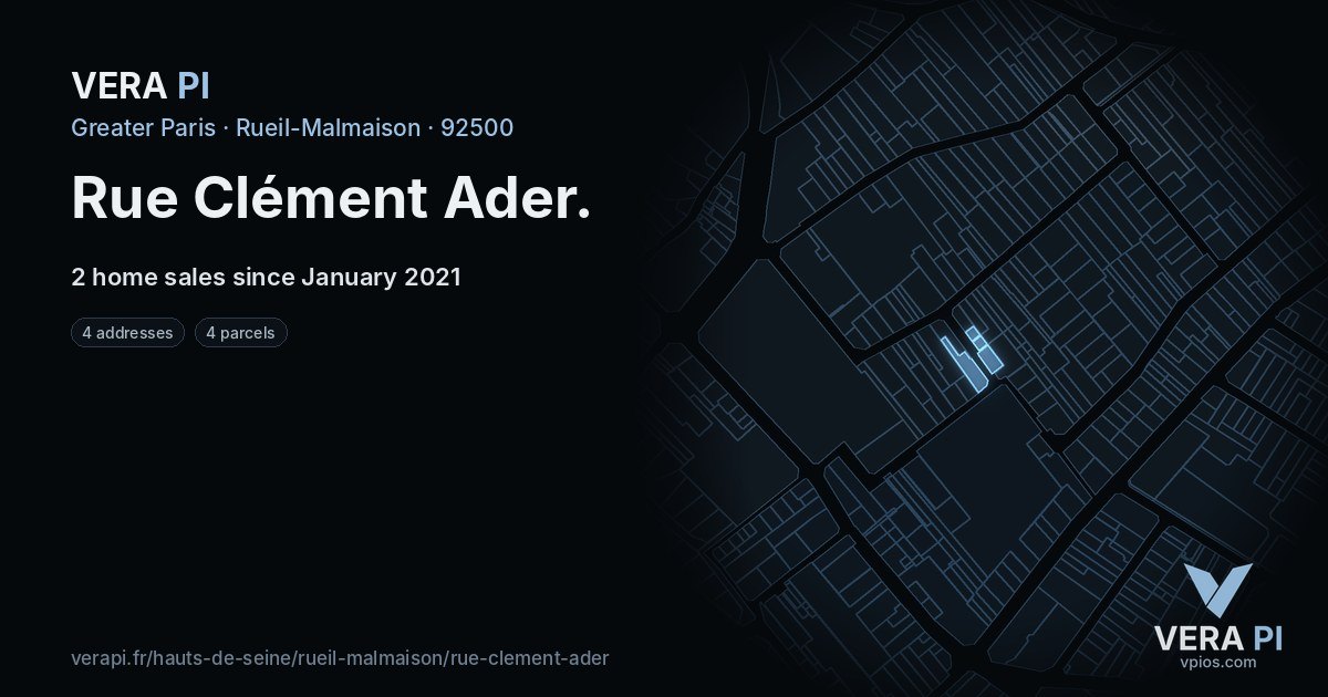 Rue Clément Ader, Rueil-Malmaison at night – every parcel coloured by the prices around it, the street's own parcels lit