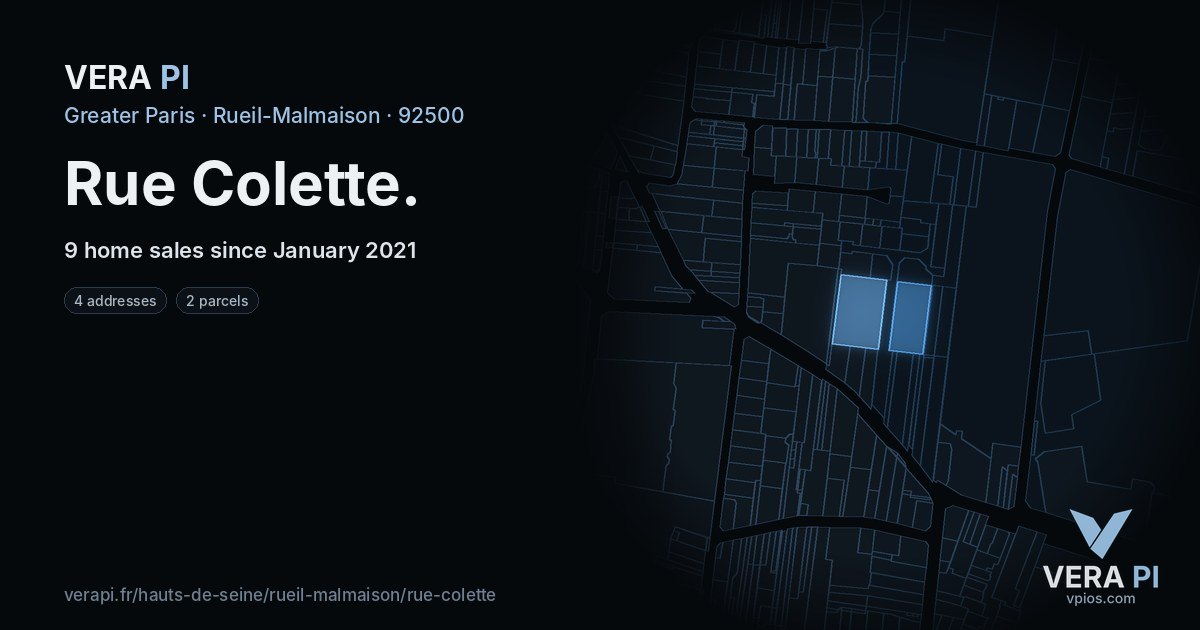 Rue Colette, Rueil-Malmaison at night – every parcel coloured by the prices around it, the street's own parcels lit