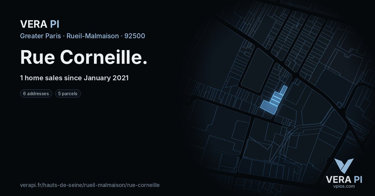 Rue Corneille, Rueil-Malmaison at night – every parcel coloured by the prices around it, the street's own parcels lit