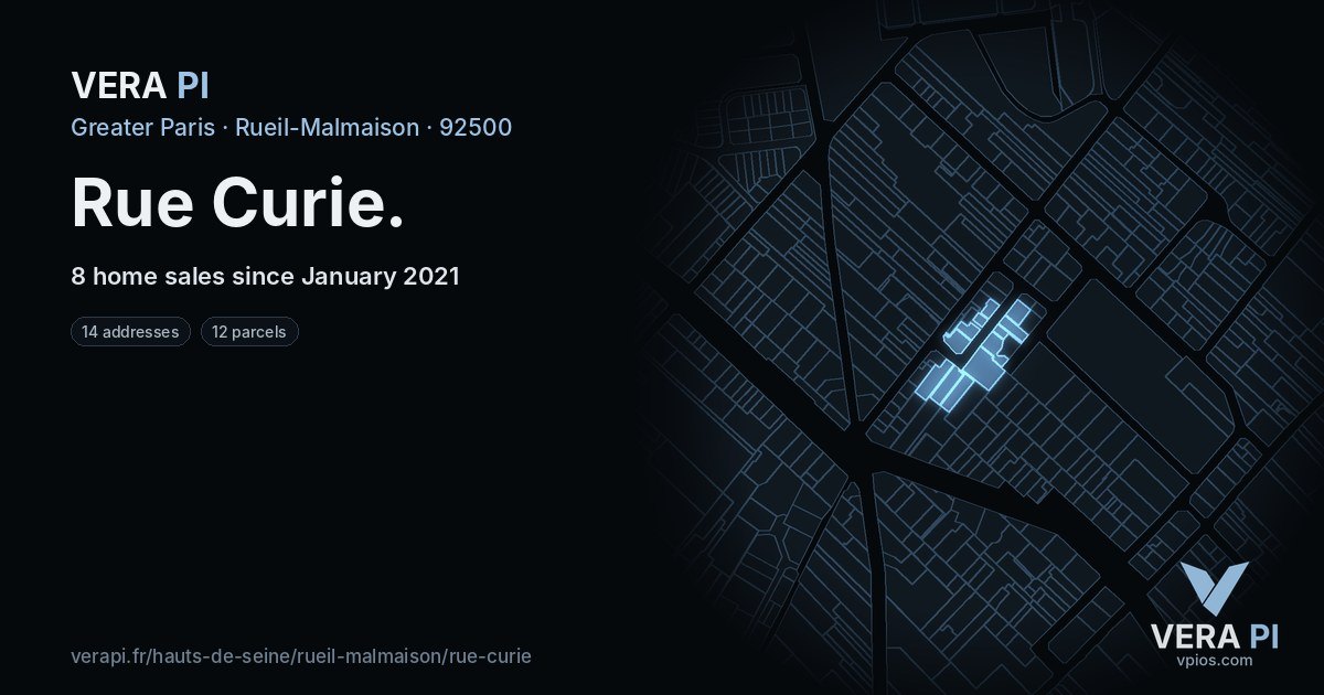 Rue Curie, Rueil-Malmaison at night – every parcel coloured by the prices around it, the street's own parcels lit