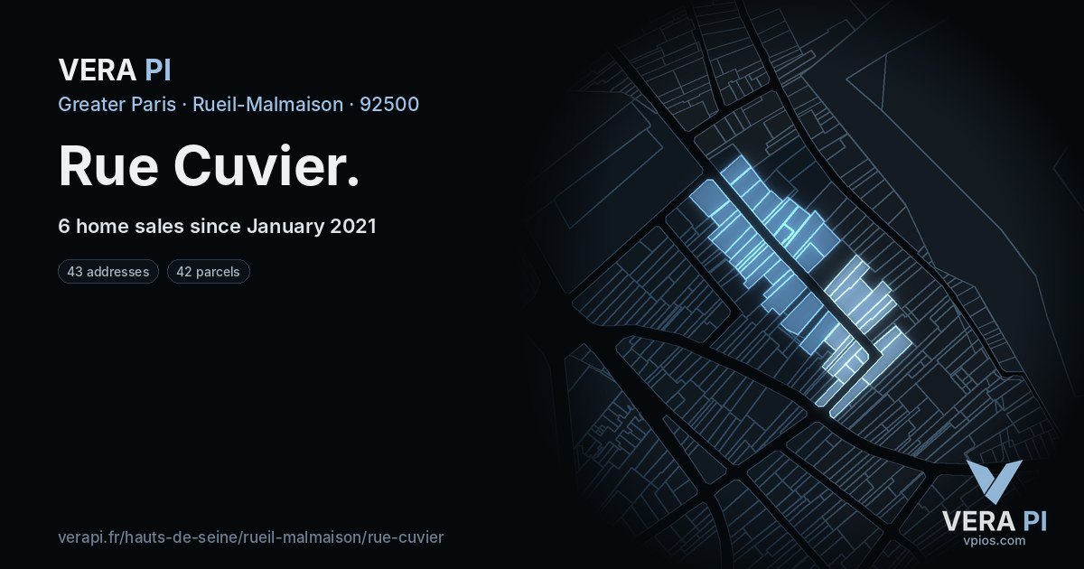 Rue Cuvier, Rueil-Malmaison at night – every parcel coloured by the prices around it, the street's own parcels lit