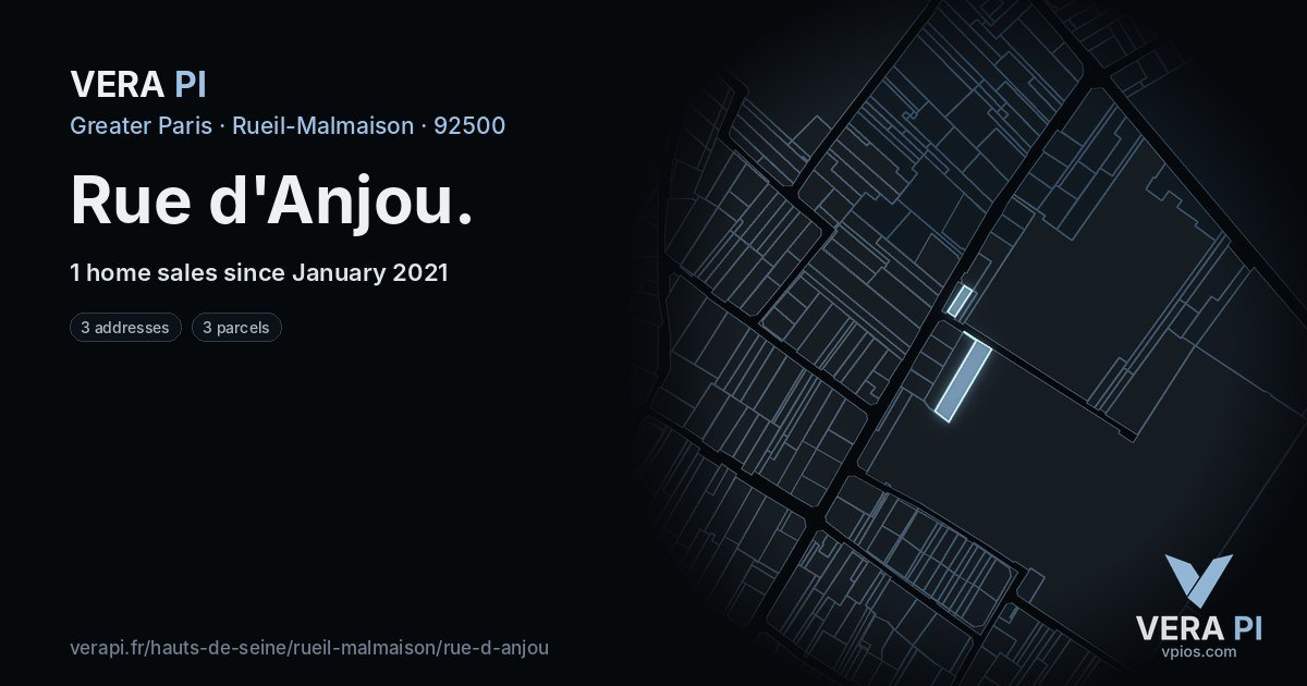 Rue d'Anjou, Rueil-Malmaison at night – every parcel coloured by the prices around it, the street's own parcels lit