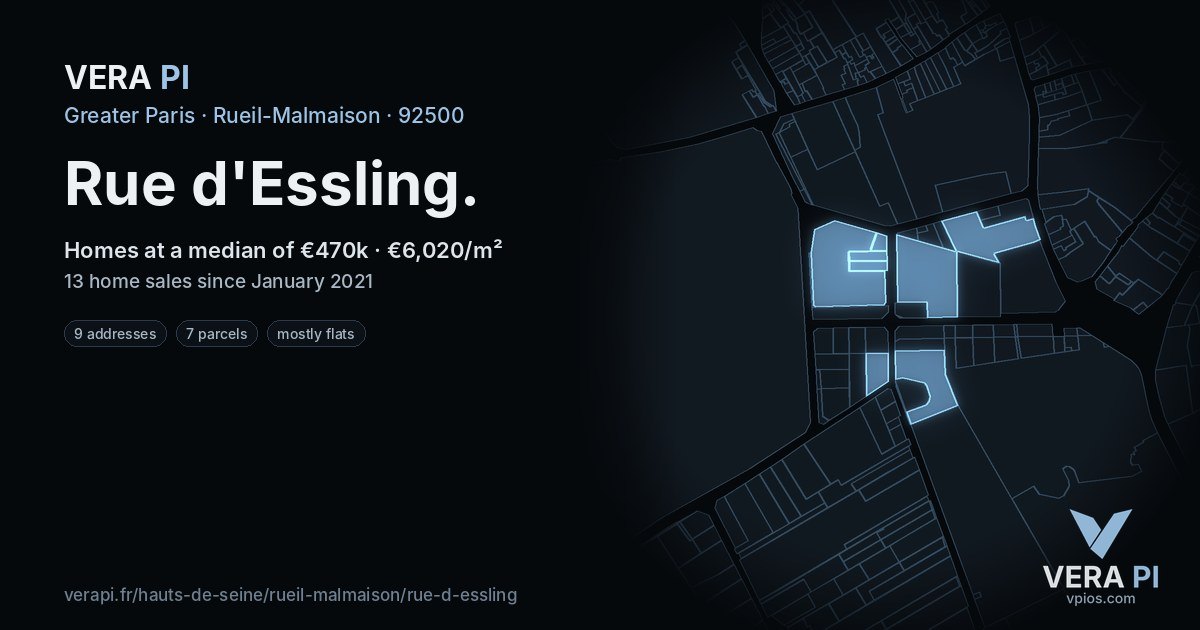 Rue d'Essling, Rueil-Malmaison at night – every parcel coloured by the prices around it, the street's own parcels lit