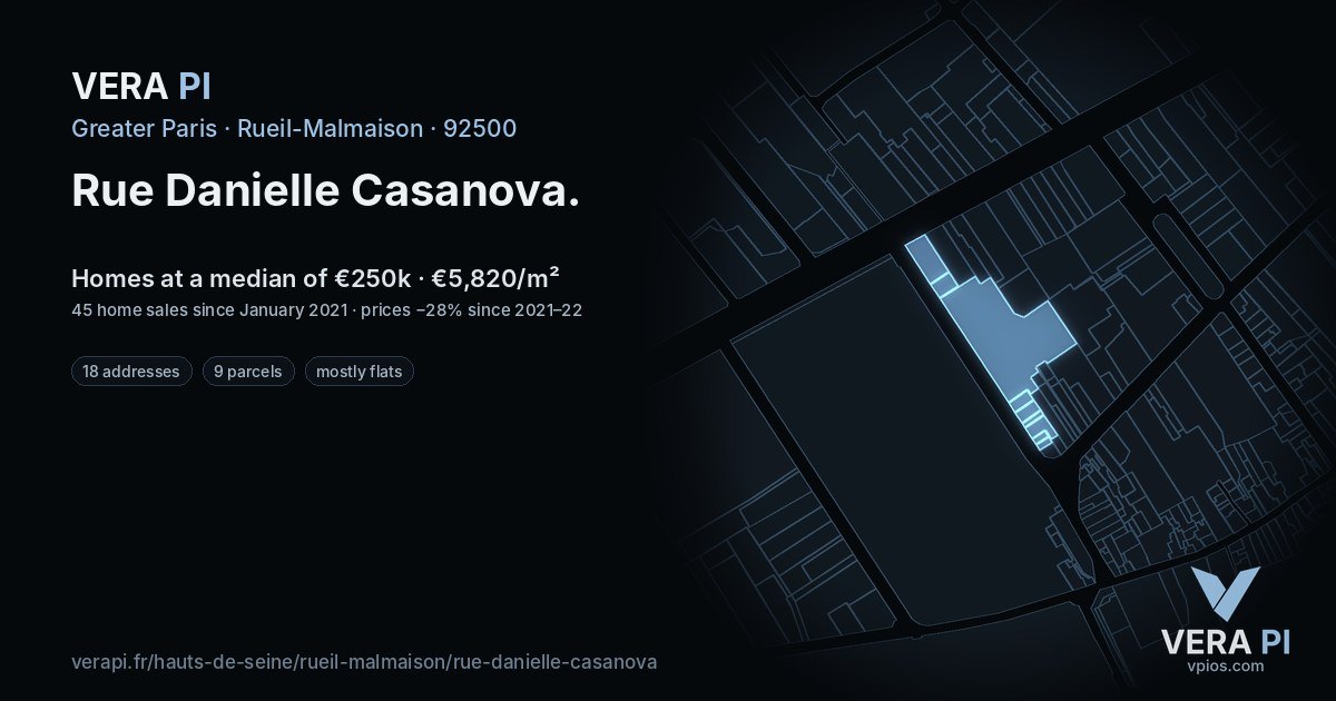 Rue Danielle Casanova, Rueil-Malmaison at night – every parcel coloured by the prices around it, the street's own parcels lit