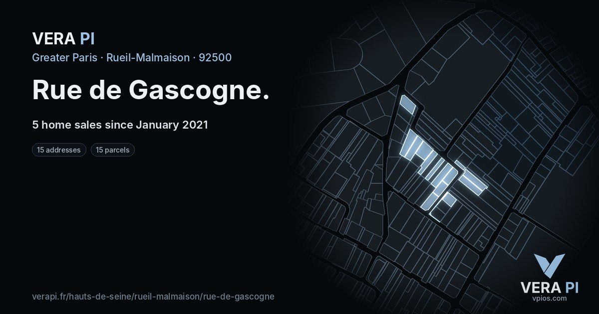 Rue de Gascogne, Rueil-Malmaison at night – every parcel coloured by the prices around it, the street's own parcels lit