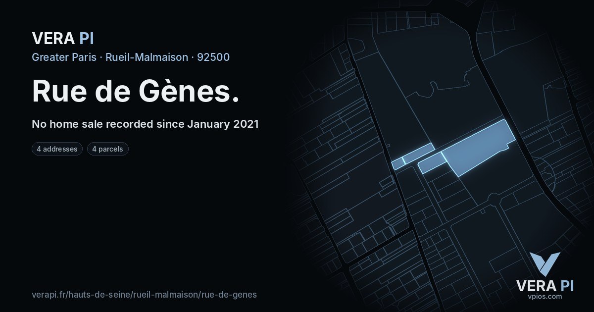 Rue de Gènes, Rueil-Malmaison at night – every parcel coloured by the prices around it, the street's own parcels lit