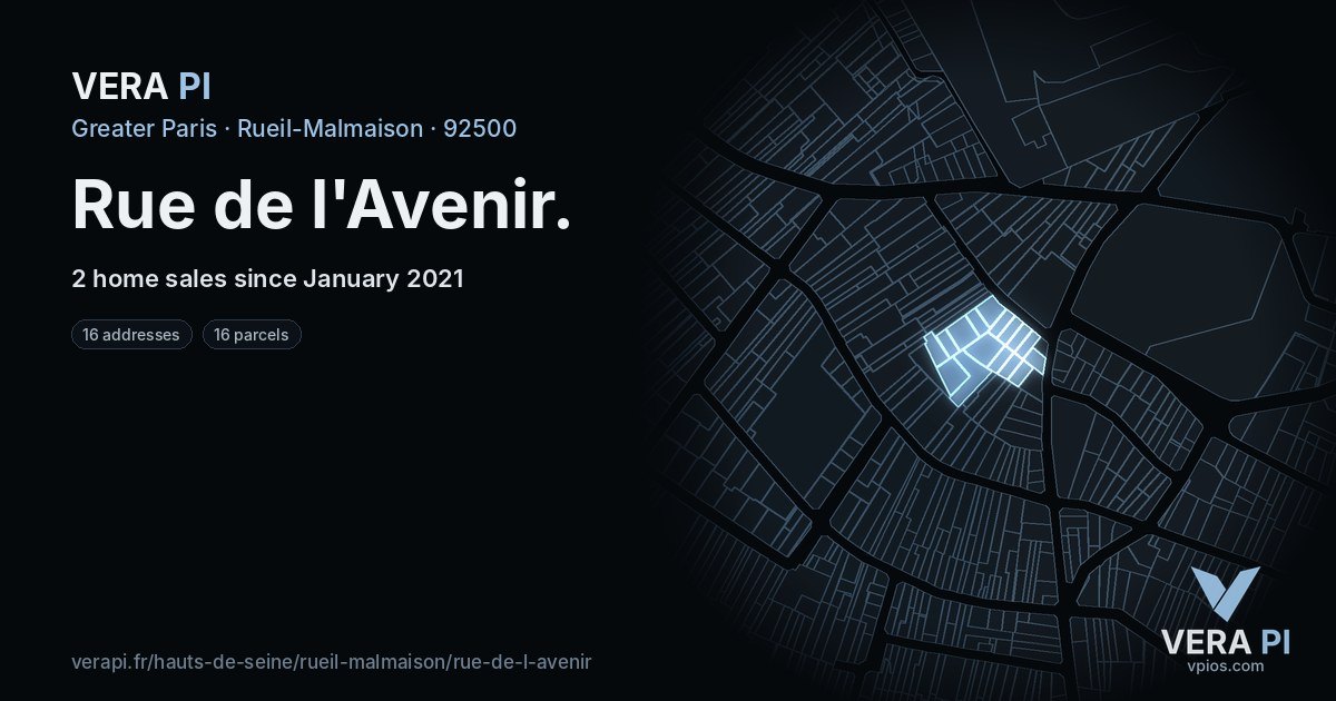 Rue de l'Avenir, Rueil-Malmaison at night – every parcel coloured by the prices around it, the street's own parcels lit