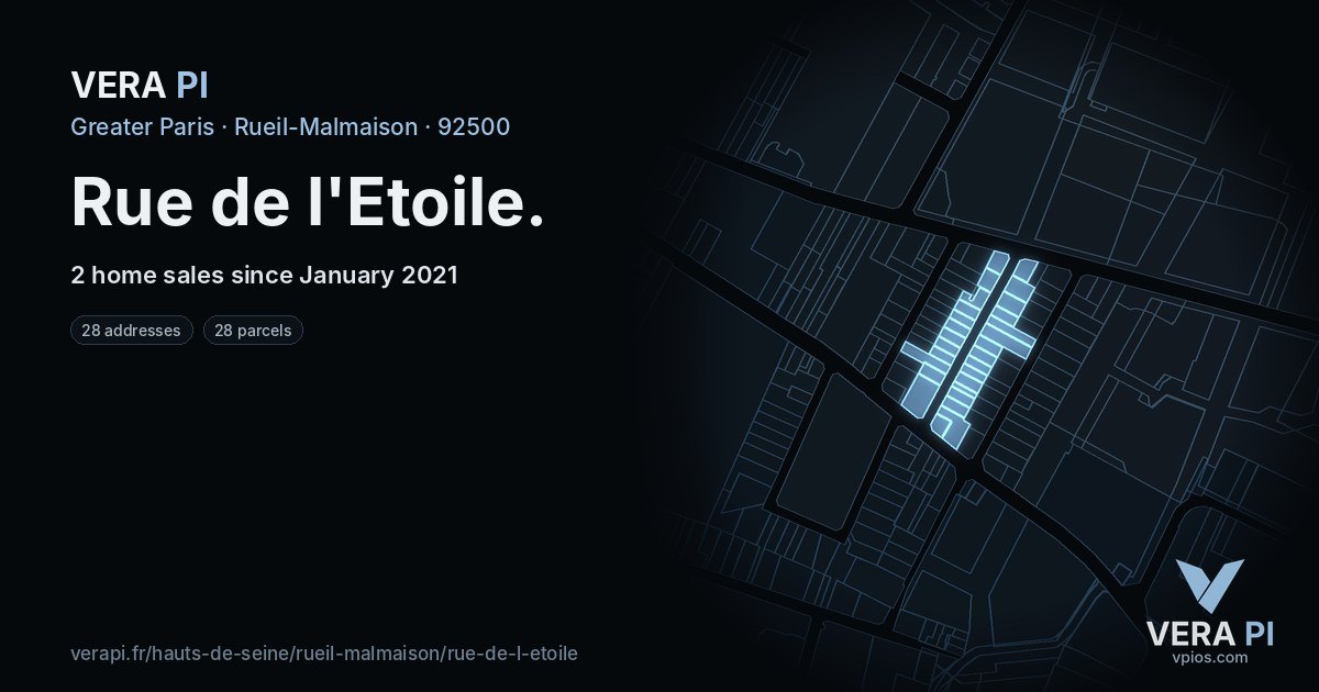 Rue de l'Etoile, Rueil-Malmaison at night – every parcel coloured by the prices around it, the street's own parcels lit