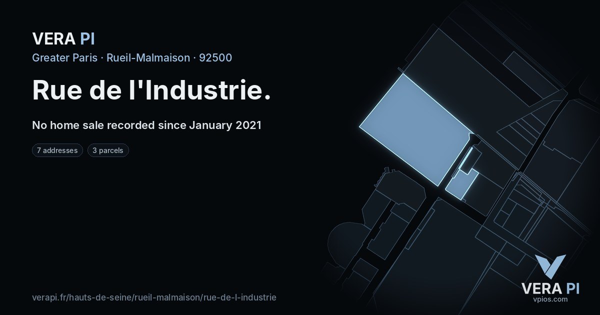 Rue de l'Industrie, Rueil-Malmaison at night – every parcel coloured by the prices around it, the street's own parcels lit