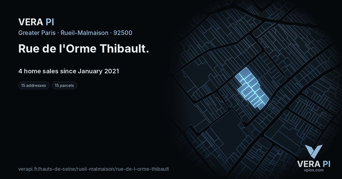 Rue de l'Orme Thibault, Rueil-Malmaison at night – every parcel coloured by the prices around it, the street's own parcels lit