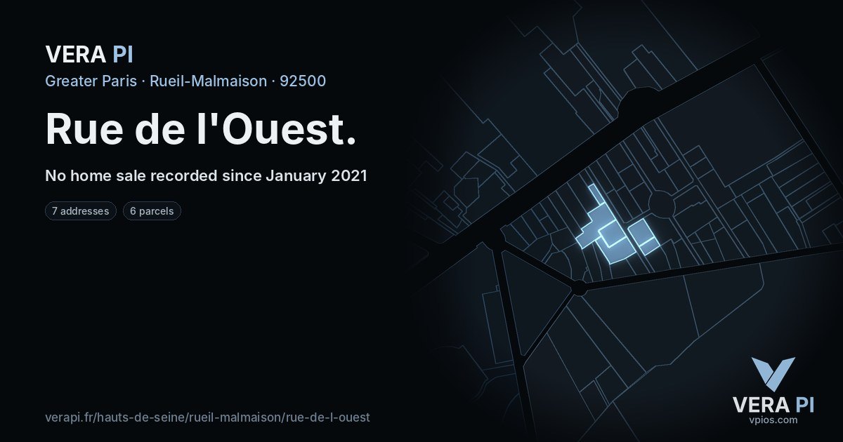 Rue de l'Ouest, Rueil-Malmaison at night – every parcel coloured by the prices around it, the street's own parcels lit