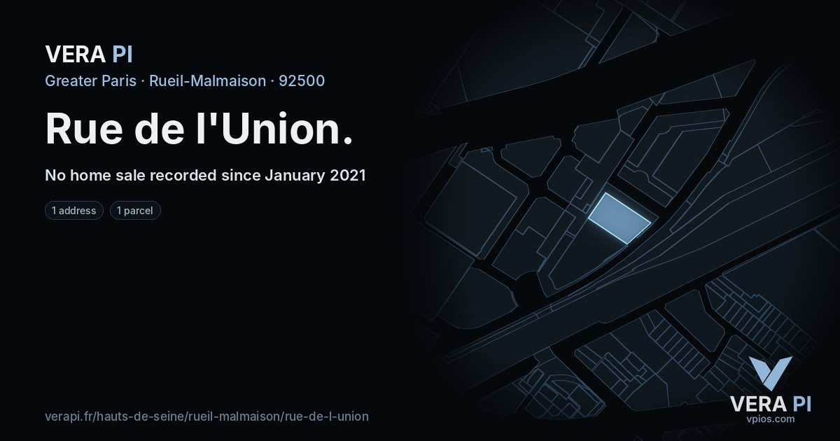 Rue de l'Union, Rueil-Malmaison at night – every parcel coloured by the prices around it, the street's own parcels lit
