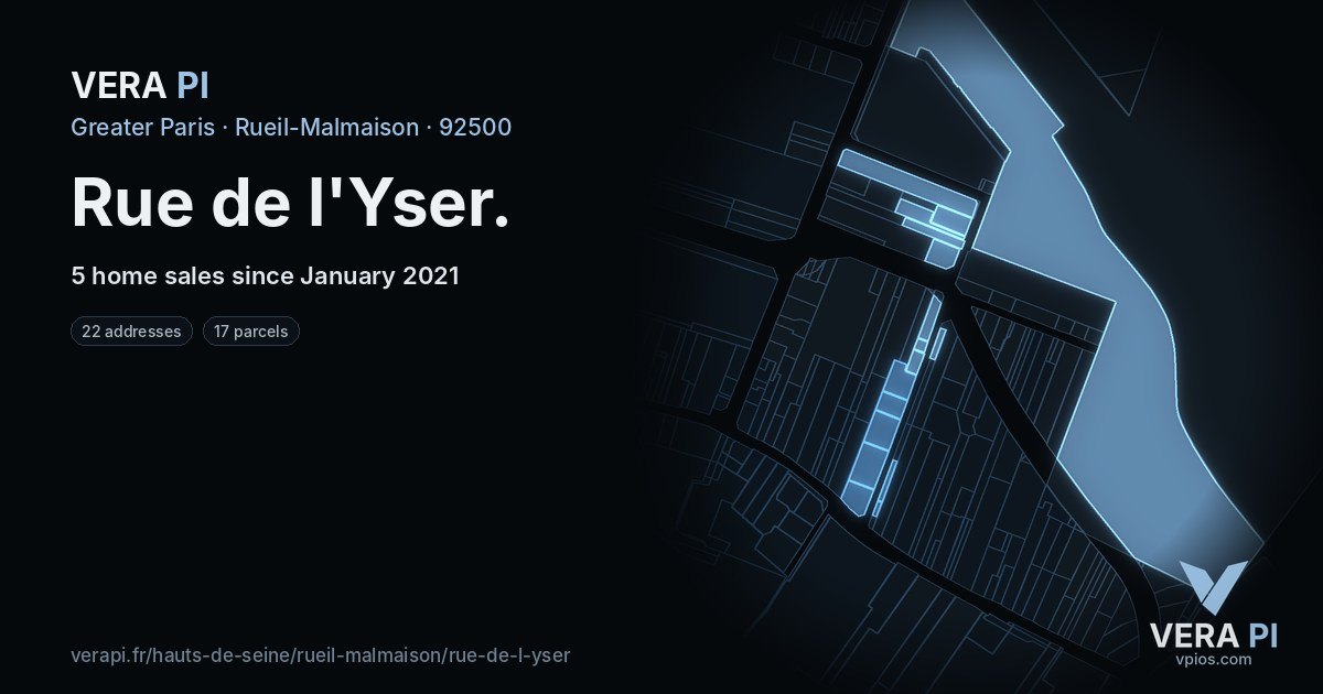 Rue de l'Yser, Rueil-Malmaison at night – every parcel coloured by the prices around it, the street's own parcels lit