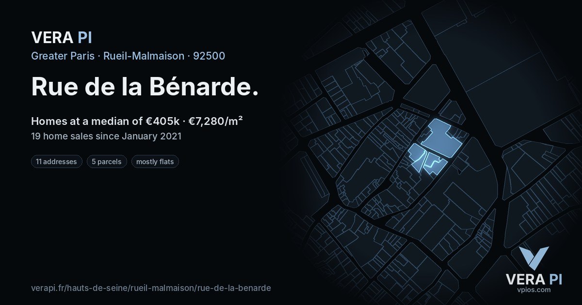 Rue de la Bénarde, Rueil-Malmaison at night – every parcel coloured by the prices around it, the street's own parcels lit