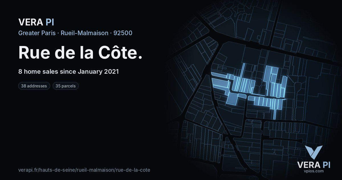 Rue de la Côte, Rueil-Malmaison at night – every parcel coloured by the prices around it, the street's own parcels lit