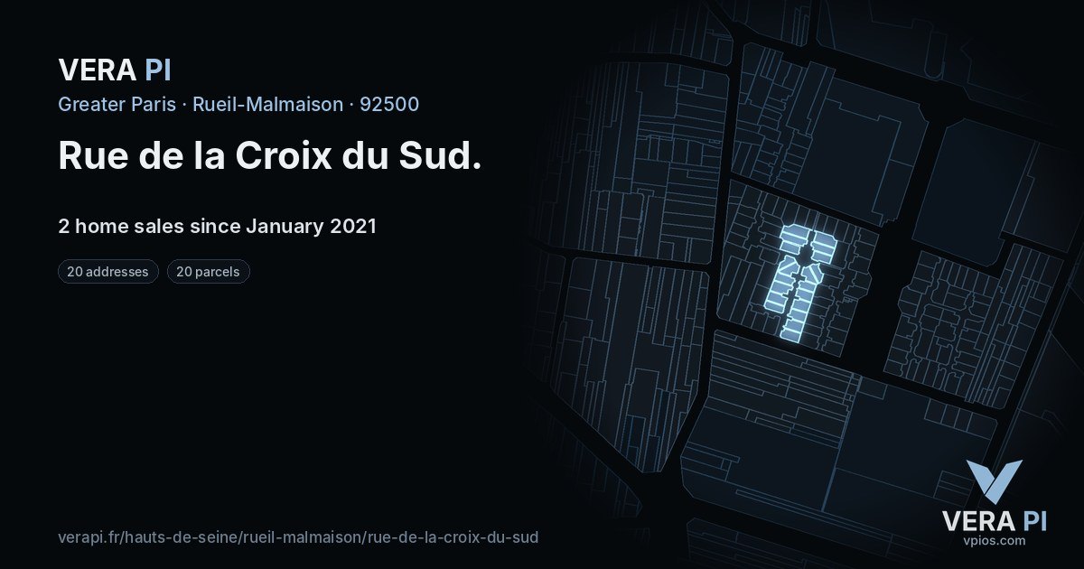 Rue de la Croix du Sud, Rueil-Malmaison at night – every parcel coloured by the prices around it, the street's own parcels lit