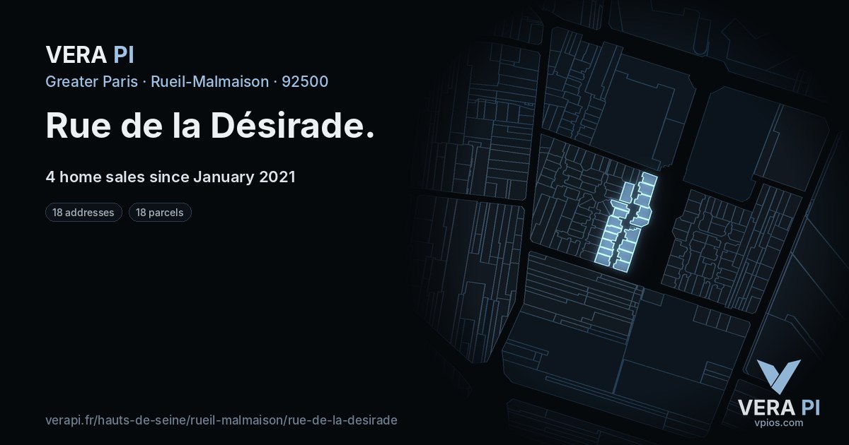Rue de la Désirade, Rueil-Malmaison at night – every parcel coloured by the prices around it, the street's own parcels lit