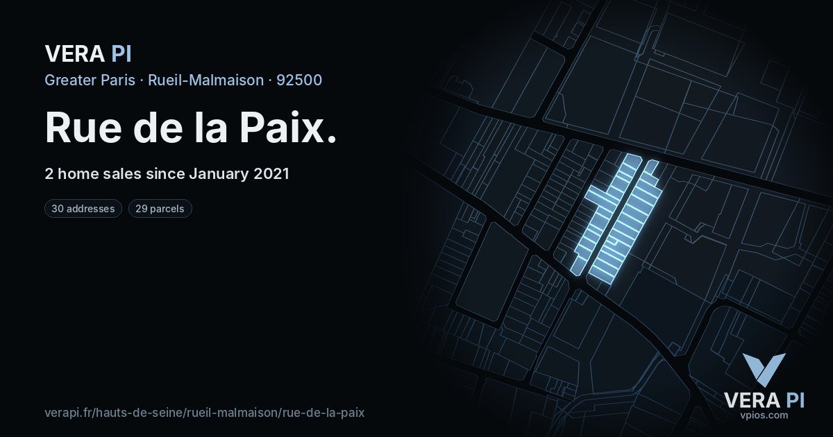 Rue de la Paix, Rueil-Malmaison at night – every parcel coloured by the prices around it, the street's own parcels lit