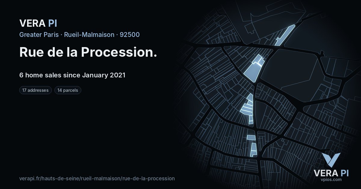 Rue de la Procession, Rueil-Malmaison at night – every parcel coloured by the prices around it, the street's own parcels lit