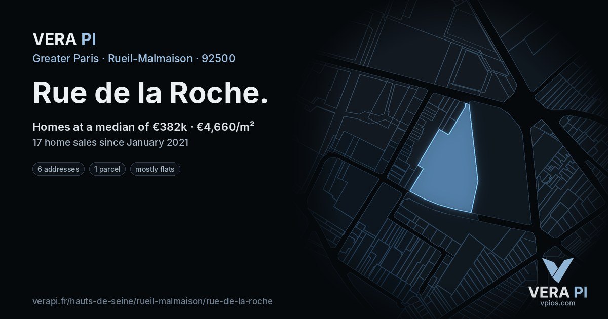 Rue de la Roche, Rueil-Malmaison at night – every parcel coloured by the prices around it, the street's own parcels lit