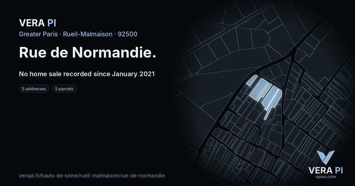 Rue de Normandie, Rueil-Malmaison at night – every parcel coloured by the prices around it, the street's own parcels lit