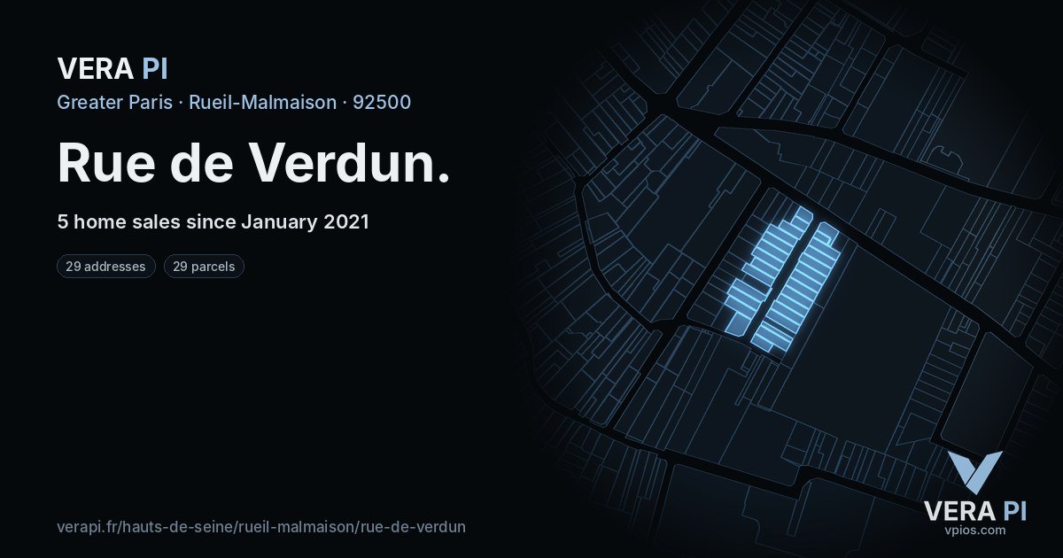 Rue de Verdun, Rueil-Malmaison at night – every parcel coloured by the prices around it, the street's own parcels lit