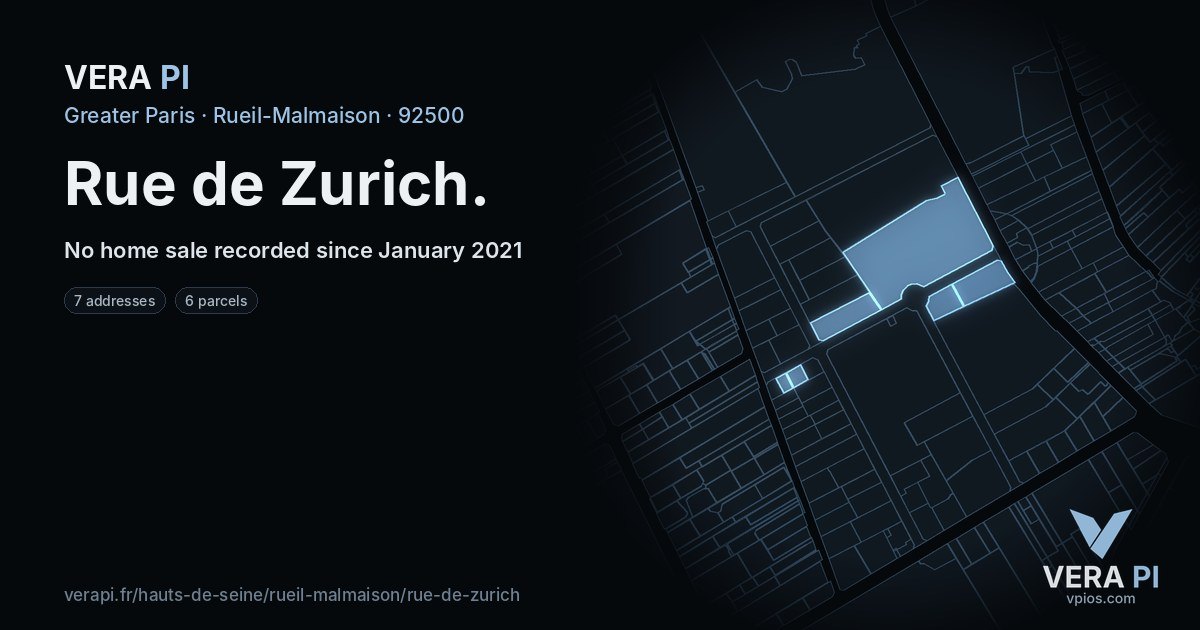 Rue de Zurich, Rueil-Malmaison at night – every parcel coloured by the prices around it, the street's own parcels lit