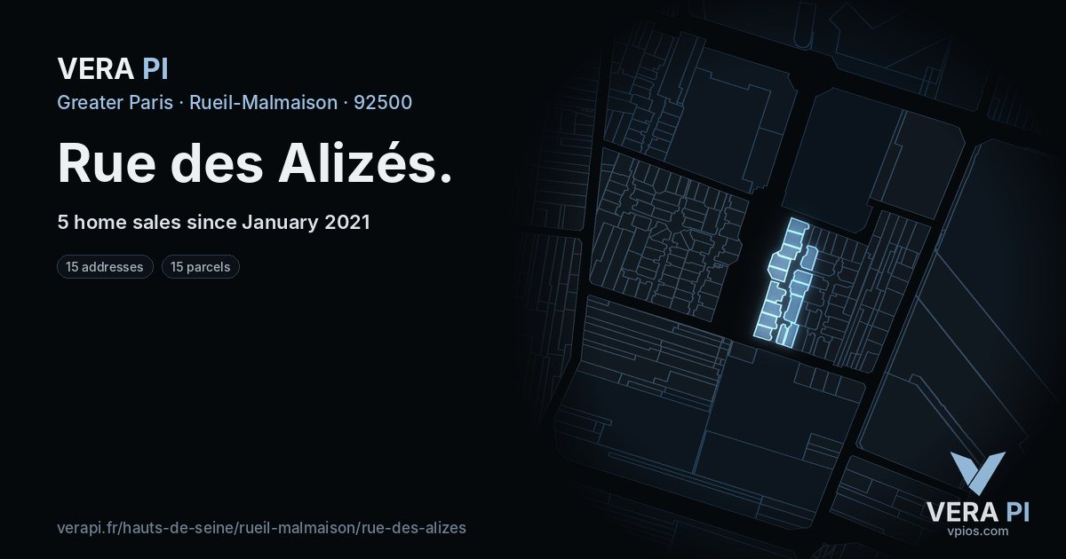 Rue des Alizés, Rueil-Malmaison at night – every parcel coloured by the prices around it, the street's own parcels lit